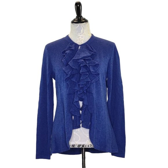 Magaschoni Cashmere Ruffled Blue Cardigan Sweater - Picture 1 of 16